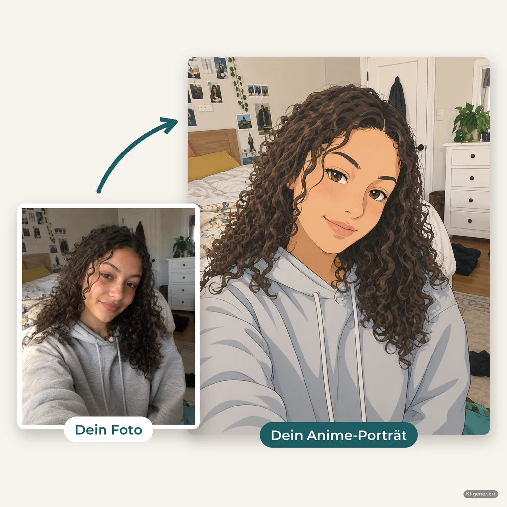 Vorher und nachher: Handyfoto einer jungen Frau mit Locken und daraus ihr Anime-Porträt im handgezeichneten Stil (KI-generiert)