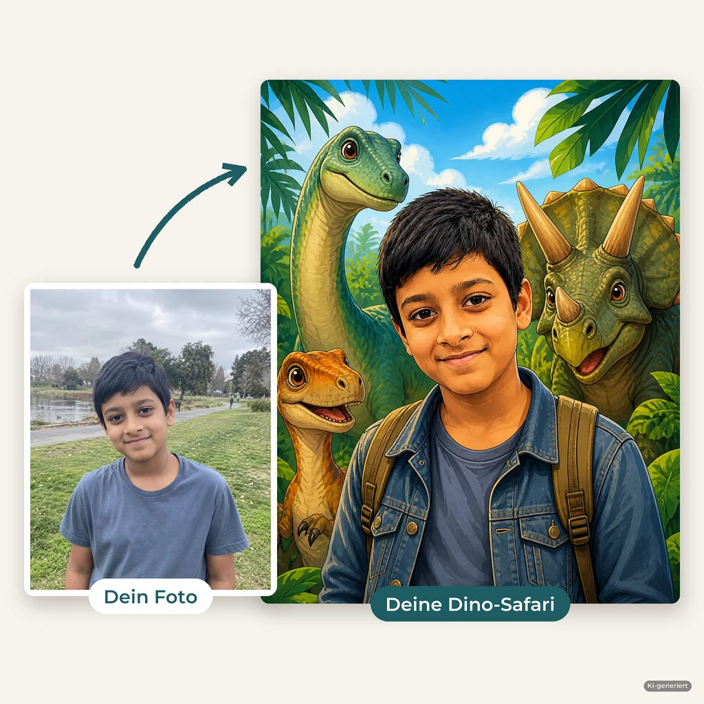 Vorher und nachher: Handyfoto eines Jungen und daraus seine Dino-Safari mit freundlichen Dinosauriern (KI-generiert)