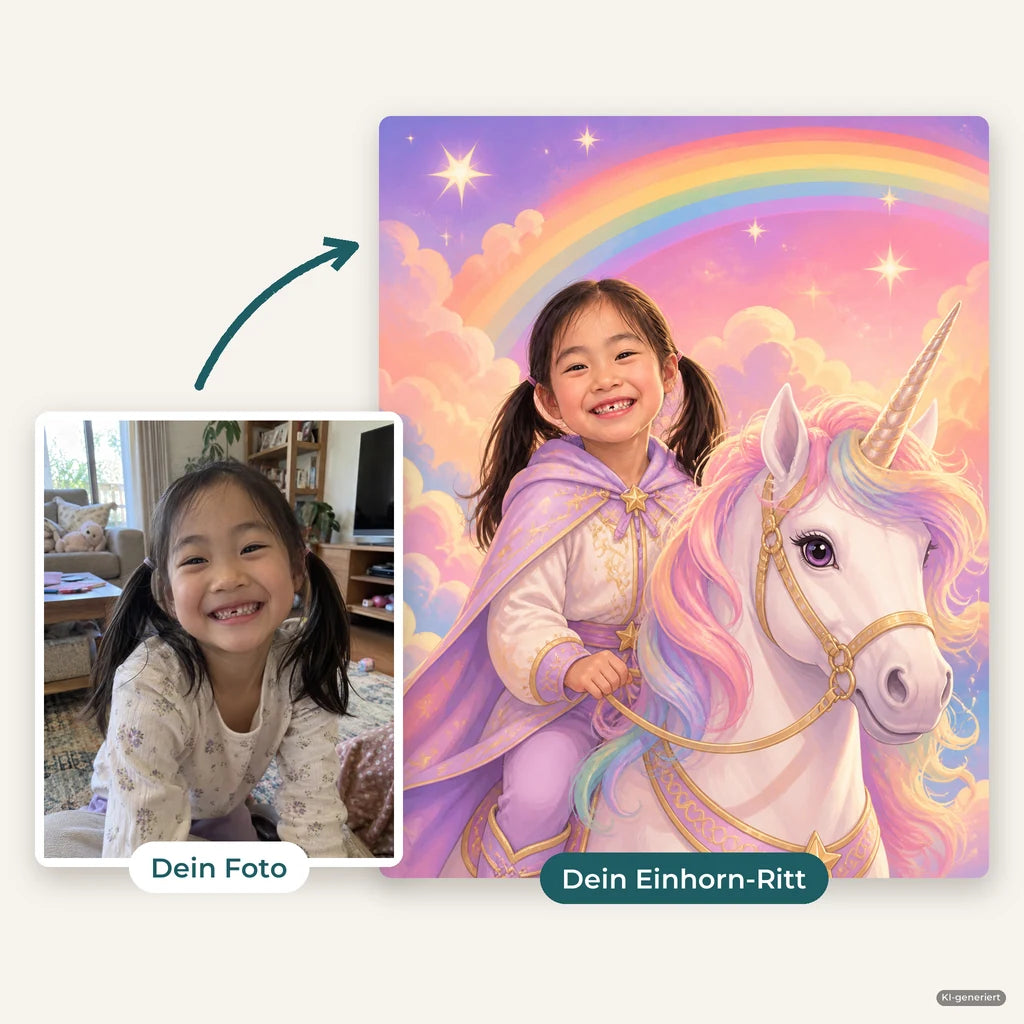Vorher und nachher: Handyfoto eines Mädchens und daraus ihr Einhorn-Ritt unter dem Regenbogen (KI-generiert)