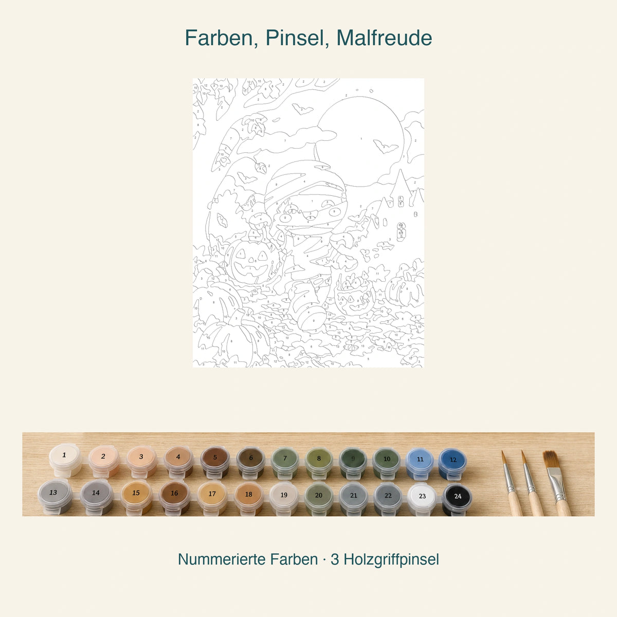 Farben, Holzgriffpinsel und nummerierte Magische Freunde-Leinwand