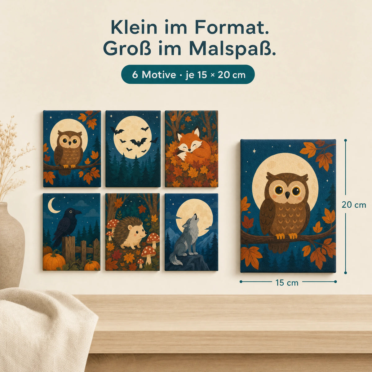 Größenansicht, jedes Motiv 15 × 20 cm