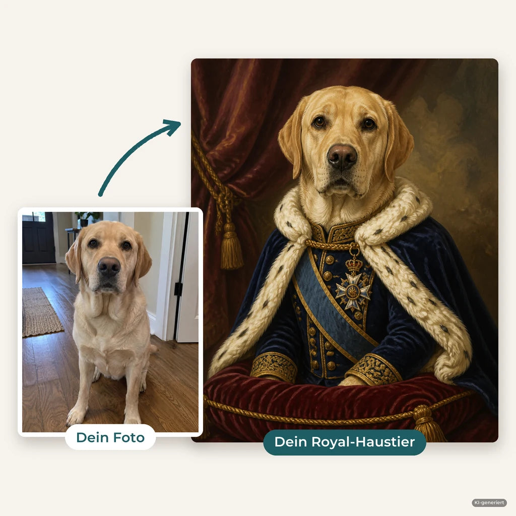 Vorher und nachher: Handyfoto eines Labradors und daraus sein Royal-Porträt im königlichen Gewand (KI-generiert)