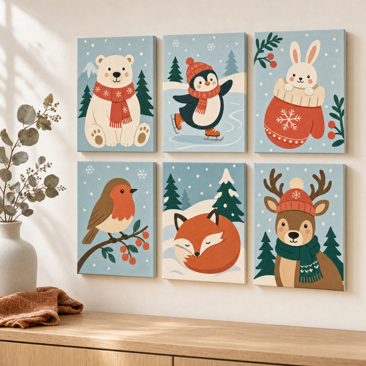 Alle sechs Winterfreunde-Motive als kleine Bilder in einer Wohnszene