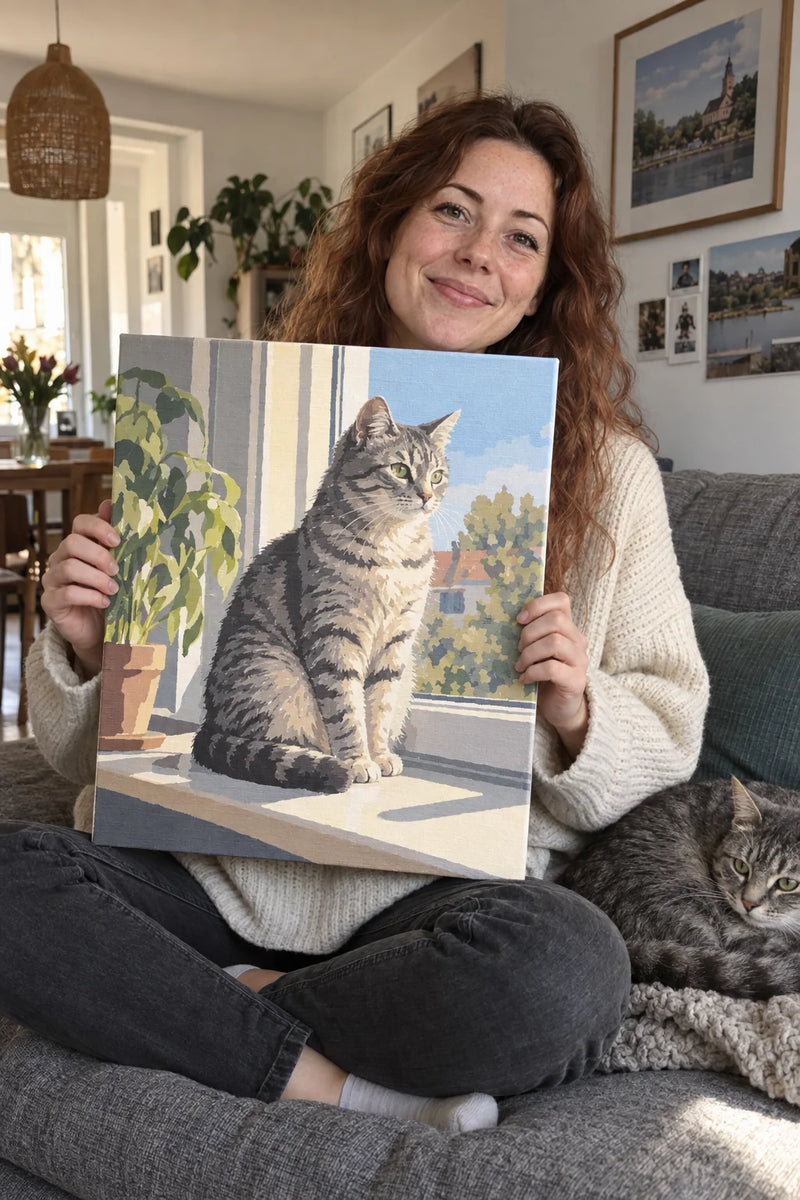 Frau auf dem Sofa mit dem gemalten Bild ihrer Katze, die Katze daneben