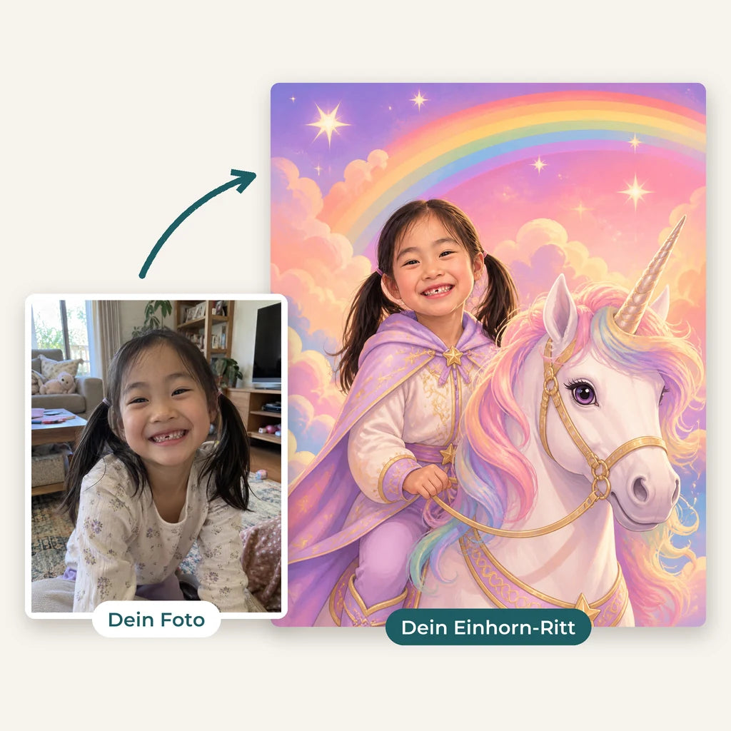 Vorher und nachher: Handyfoto eines Mädchens und daraus ihr Einhorn-Ritt unter dem Regenbogen (KI-generiert)