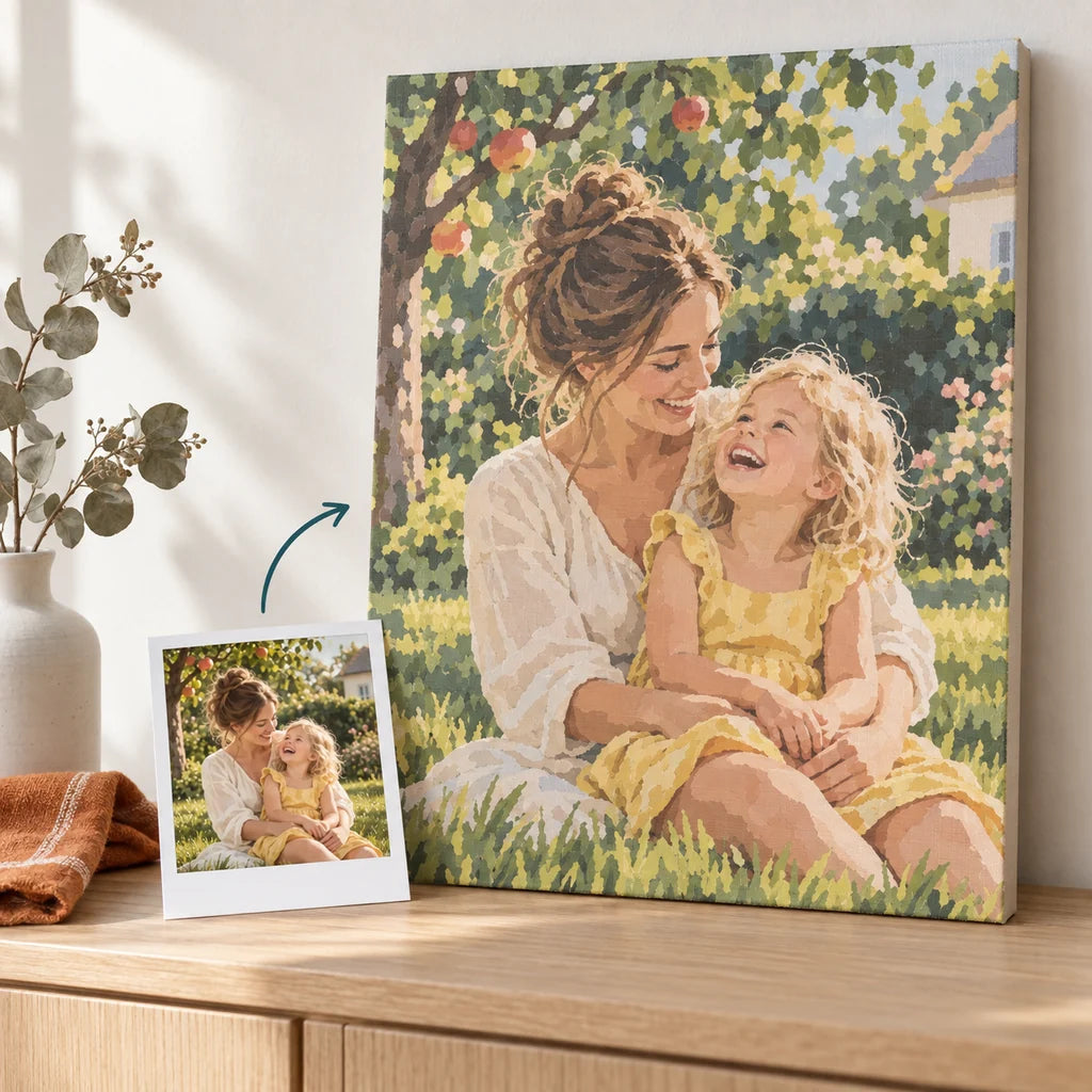 Malen nach Zahlen nach deinem Foto: fertig gemalte Leinwand neben dem Originalfoto