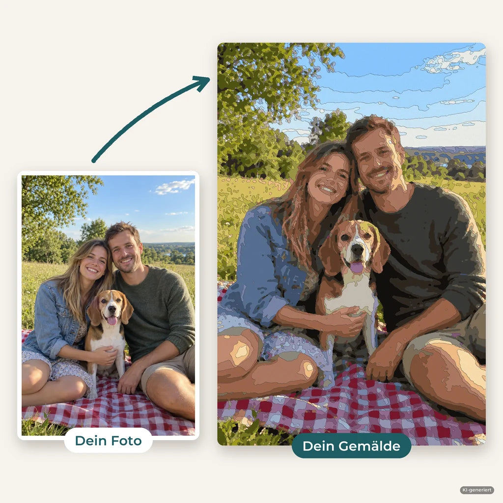 Vorher und nachher: Foto eines Paares mit Beagle auf der Picknickdecke und daraus das gemalte Malen-nach-Zahlen-Bild (KI-generiert)