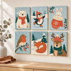 Alle sechs Winterfreunde-Motive als kleine Bilder in einer Wohnszene
