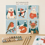 Farben, Holzgriffpinsel und nummerierte Winterfreunde-Leinwand