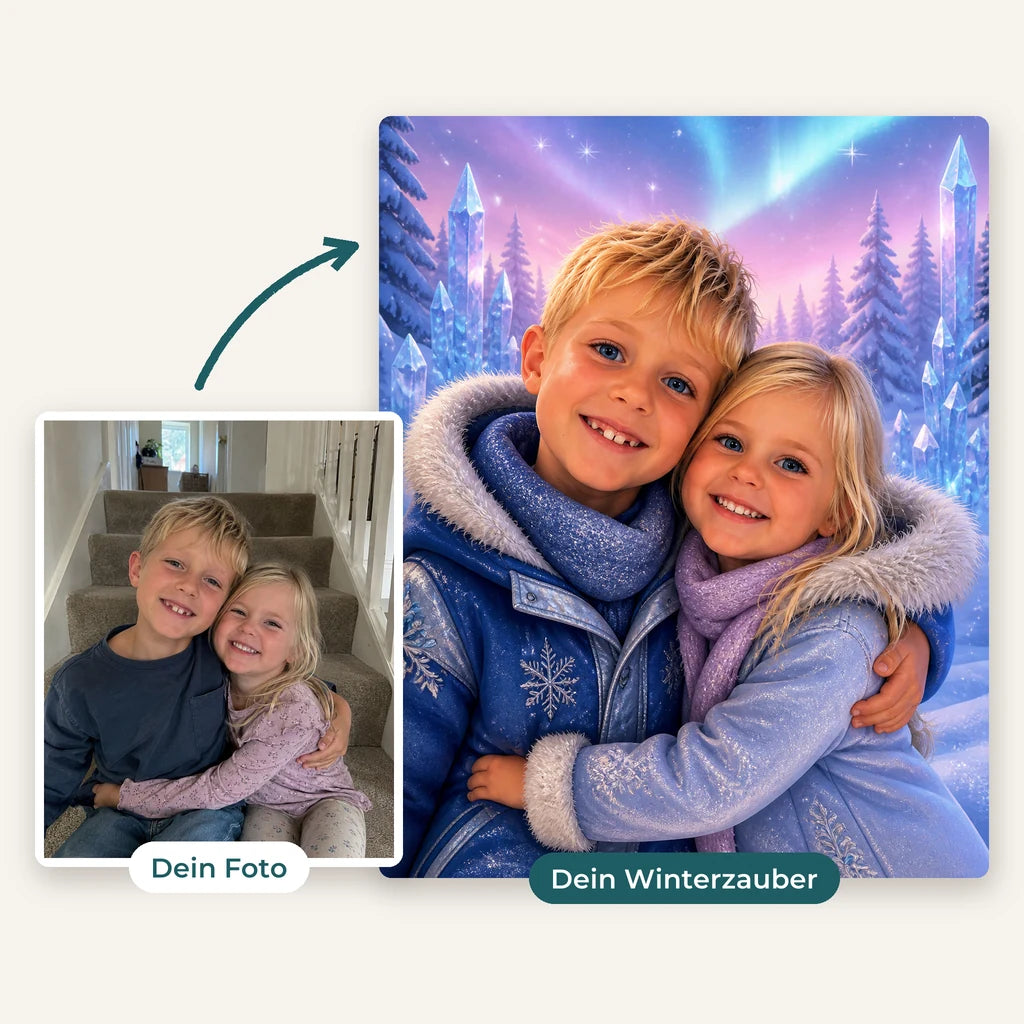 Vorher und nachher: Handyfoto von zwei Geschwistern und daraus ihr Winterzauber-Bild in Wintermänteln vor Eiskristallen (KI-generiert)