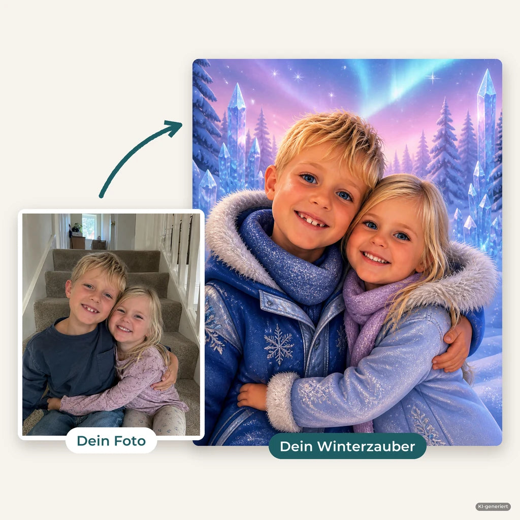 Vorher und nachher: Handyfoto von zwei Geschwistern und daraus ihr Winterzauber-Bild in Wintermänteln vor Eiskristallen (KI-generiert)