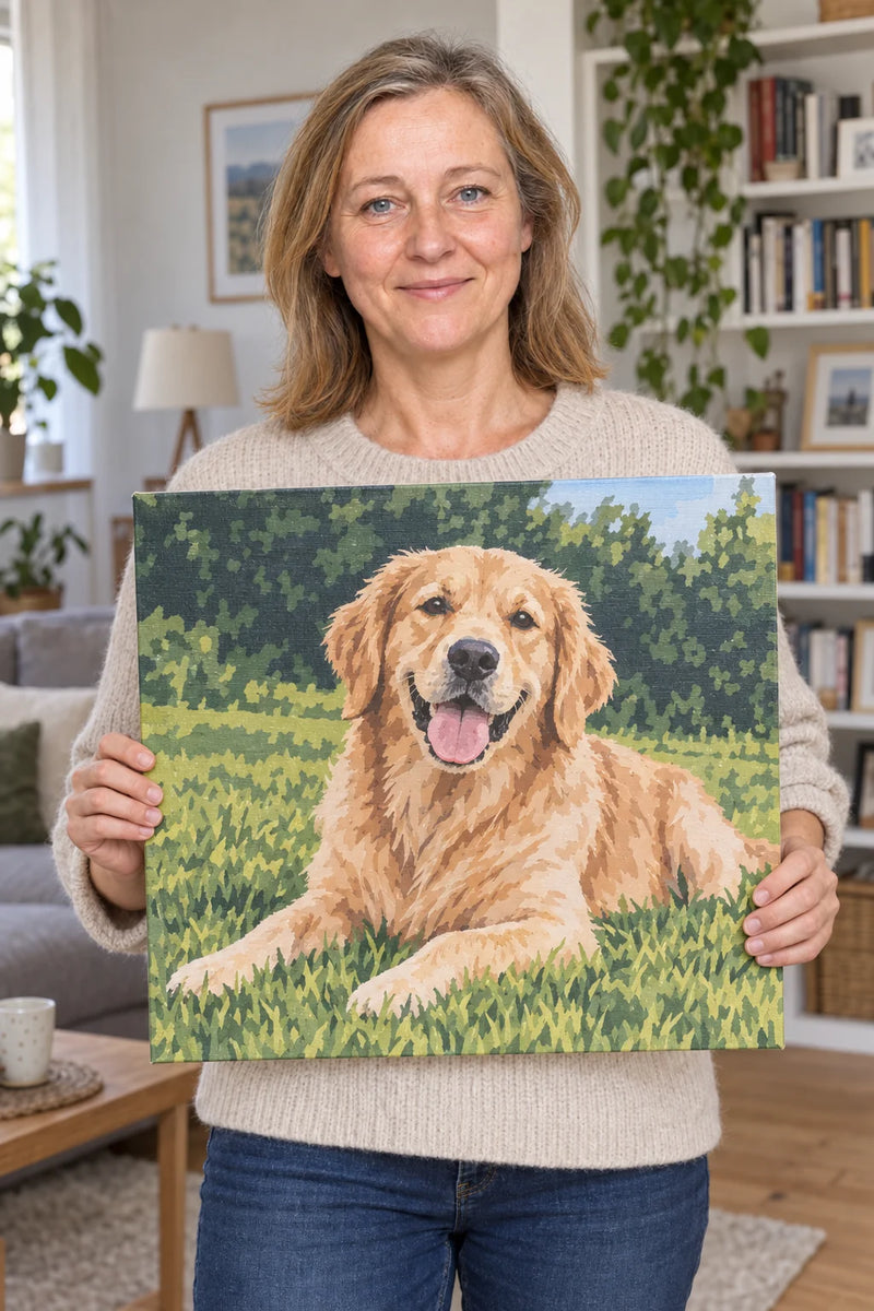 Frau hält ihr gemaltes Bild ihres Golden Retrievers im Wohnzimmer