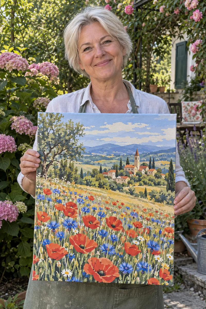 Frau im Garten mit ihrem gemalten Landschaftsbild mit Mohnblumen