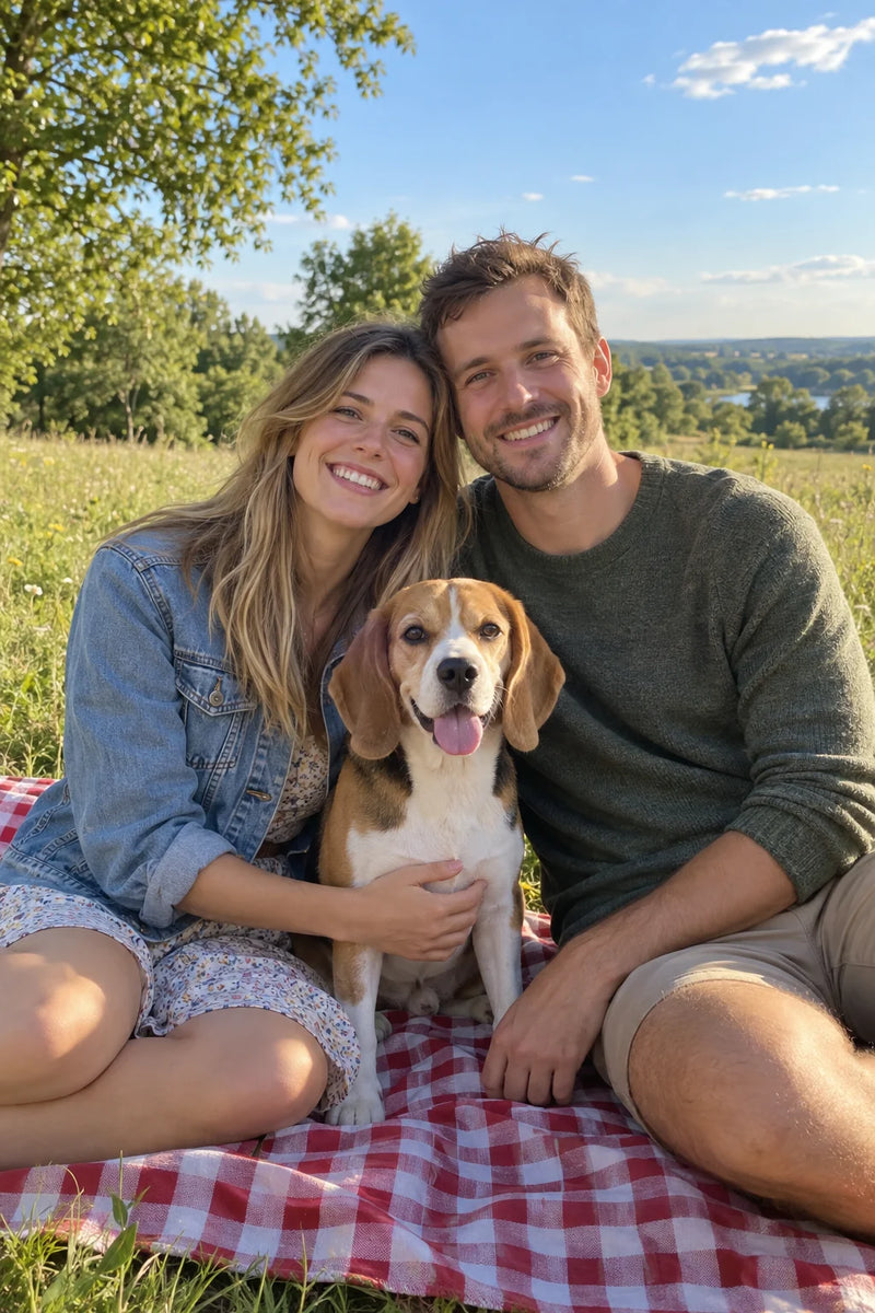 Originalfoto: Paar mit Beagle beim Picknick auf der Wiese